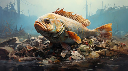 Fantastic performance of fish among debris and dirt. A dried-up body of water. Among Water pollution. Illustration.の素材