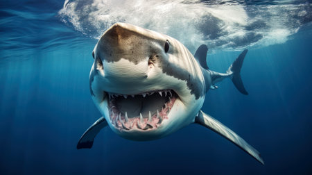 Great white shark in the water with its mouth open with teeth close-upの素材