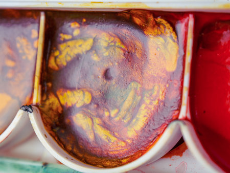 palette with watercolor paints close-up, macro, colorful background of the artist's palette, drawing, study for childrenの写真素材