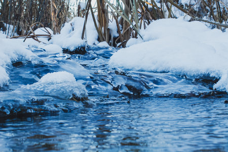 stream flowing among ice and snow, fast flow of water, river that does not freeze in winter, snow melting, close-upの写真素材