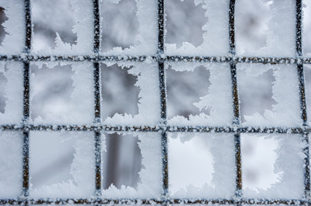 snow-covered fence in winter, fallen snow, frost and precipitation, freezing rain, close-upの写真素材
