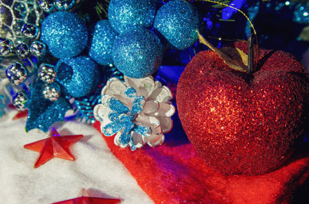 new year's lights garlands and toys decorations, Christmas preparations at home, selective focus, close-upの写真素材