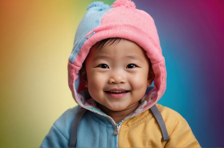 Cheerful Asian child in a bright outfit against a colorful background, radiating happiness and positivity.の素材