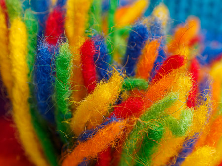 Close-up of bright multi-colored knitted wool fabric. Detailed textures and rich colors highlight...