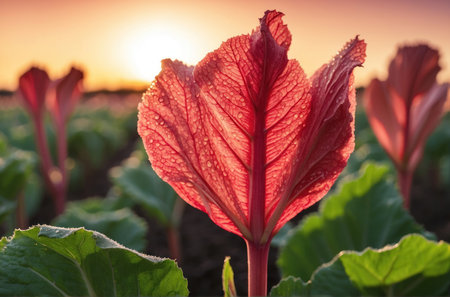 A field of rhubarb under the bright sun, highlighting the freshness and abundance of nature on a summer day. Ideal for a rural scene.の素材