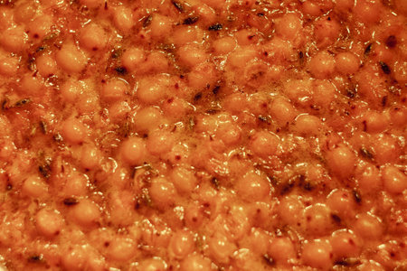 Close-up of sea buckthorn jam: bright orange sea buckthorn berries in thick syrup, shiny texture, appetizing appearance.の写真素材