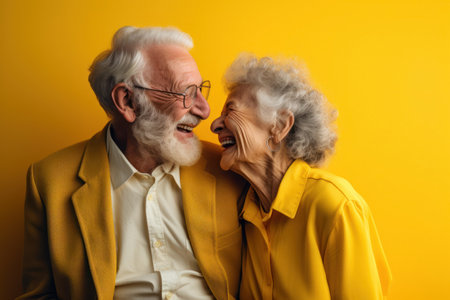 Happy pensioners on a bright yellow background, radiating joy and optimism, personify active aging and friendship.の素材