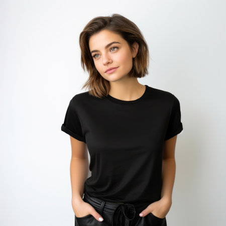 A girl wearing a black t-shirt on a neutral background, ideal for a design mockup, emphasizes style and creativity.の素材