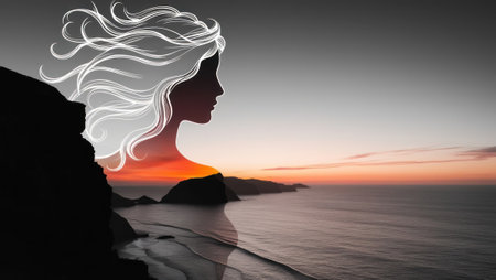 Double exposure a woman's silhouette against a bright sunset, creating an atmosphere of dream and romance.の素材