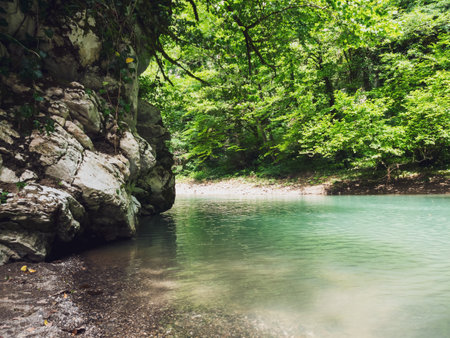 The river, with its rapid flow and majestic cliffs, creates a breathtaking landscape, reflecting the strength and beauty of the wild nature.の写真素材