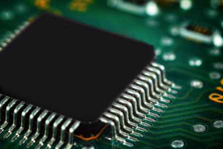 Macro close-up of a microcircuit: detailed tracks and components, shiny metal contacts, complex...