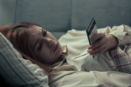 The girl is doomscrolling: sitting with a phone in her hands, a concentrated look, an expression of...