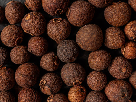 A close-up of black allspice, highlighting the texture and rich color of the spice.の写真素材