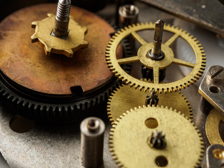 Close-up of a mechanical device with gears and teeth, demonstrating the complexity of repairing and assembling a watch movement.の写真素材