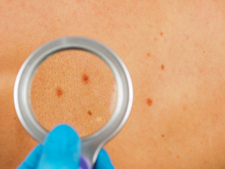 Skin examination by a dermatologist: examination of moles and formations to diagnose and evaluate the condition of the skin.の写真素材