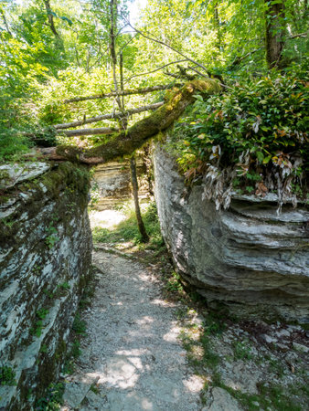Sheer cliffs frame ancient ruins, creating a mystical atmosphere and sense of time.の写真素材