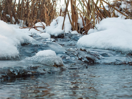 Winter landscape: a frozen stream covered with ice and snow creates an atmosphere of calm and beauty...