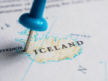 ICELAND country on the world map macro photo, close-up.の写真素材