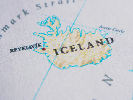 ICELAND country on the world map macro photo, close-up.