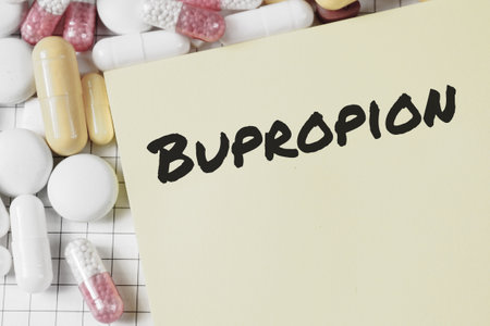 "Bupropion" text title drugs tablets antidepressantsの写真素材