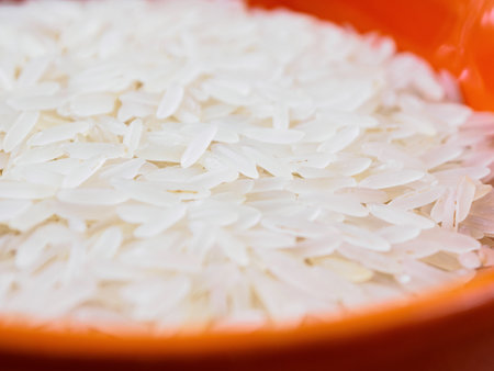 Close-up shot of dry, uncooked long grain basmati rice. Grains are slender and translucent, showing natural texture.の写真素材