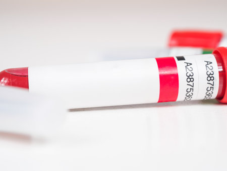 A close-up of a blood collection container, ready for medical testing. Sterile and professional, highlighting the importance of accurate sample collection.の写真素材