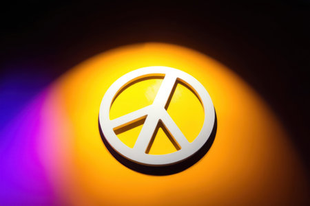 Peace symbol backdrop. Universal icon for tranquility and harmony. Graphic element, colorful, vintage and retro.の素材