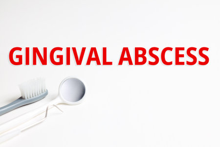 Gingival abscess inscription title on hygienic dental background