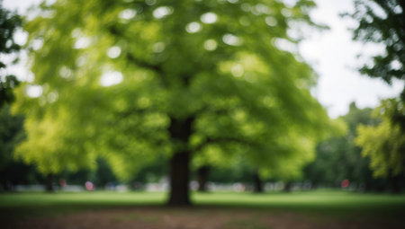 A blurred green background with trees in the park, creating an atmosphere of tranquility and unity with nature.の素材