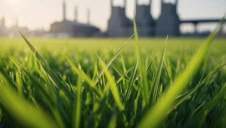 A green grass field juxtaposed against a backdrop of industrial structures, symbolizing the intersection of nature and industry, with an eco-friendly theme.の素材