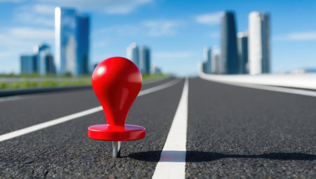Close-up of red map location point on modern road leading to dynamic and modern large city, symbolizing direction.の素材