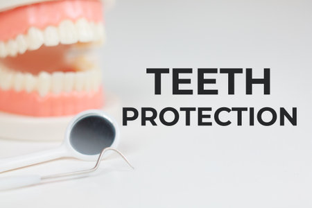 "teeth protection" header on neutral dental backgroundの写真素材