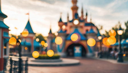 A blurred image of a theme park during the daytime, enhanced with a bokeh effect creating a soft and dreamy atmosphere.の素材