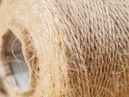 A close-up of a finely woven rope. The intricate texture and detail of the weave are clearly visible. Neutral tones.の写真素材
