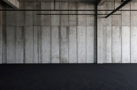 A dark and empty industrial setting featuring a concrete wall and asphalt floor, providing a stark and minimalist background.の素材