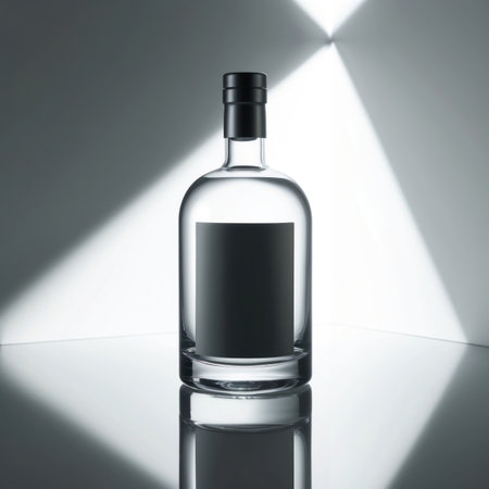 Glass bottle with blank label. Perfect for mockups, product presentations or showcasing beverages liquids. Customizable design.の素材