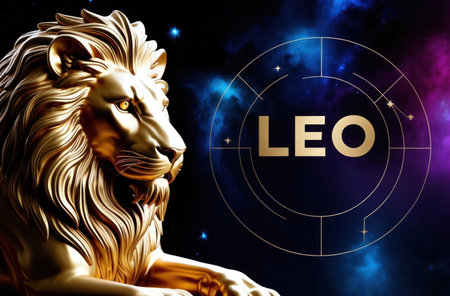 Golden Leo in space. Starry background accentuates this majestic zodiac sign. Ideal for astrology, design or cosmic themes.の素材
