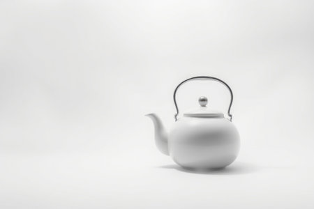 A brightly lit teapot, isolated against a neutral background, highlighting its form and details.の素材