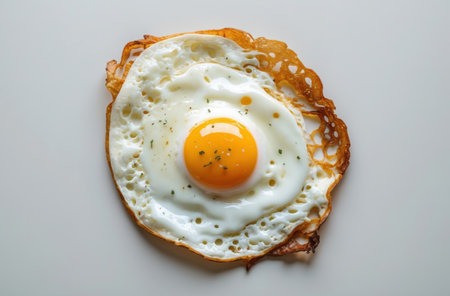 Isolated fried egg from above. Breakfast essential, ready for design. Simple and versatile food image.の素材