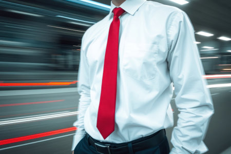 Red tie with white shirt. Casual business attire. Clean and professional style.の素材