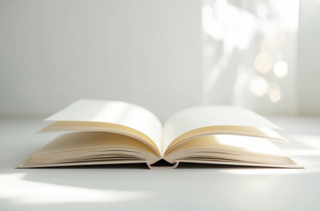 Blank book pages. Soft focus, white background. Gentle curves, shadows. Serene and elegant.の素材