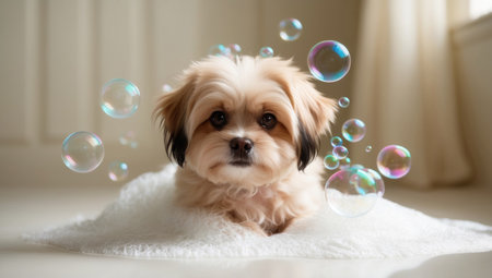 Fluffy dog with soap bubbles. Adorable, joyful expression. Pet grooming, cleanliness.の素材