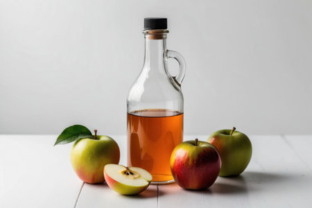 Apple vinegar bottle and apples. Isolated shot. Health, natural foods and healthy lifestyle concepts.の素材