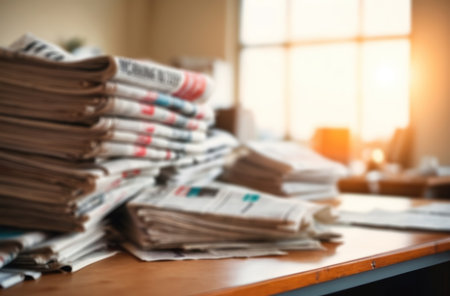 Fresh newspapers on table. Shallow depth of field. Office setting. Journalism, news and current events.の素材