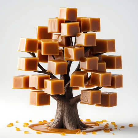 Caramel cubes, white background. A multitude, like a tree. Sweet candy.の素材