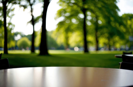 Tabletop foreground, blurred park bokeh. Green nature background. Peaceful serene.の素材