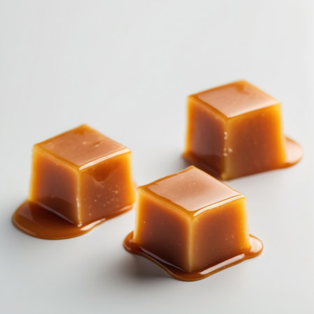 Caramel cubes on white. Three pieces of candy. Sweet, yummy dessert.の素材