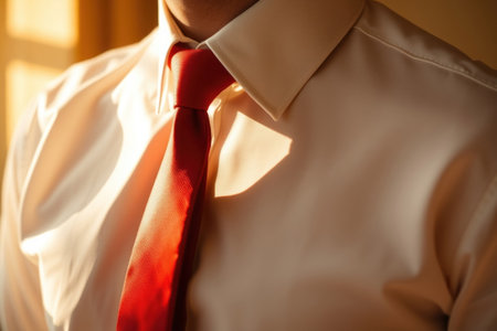 Red tie with white shirt. Casual business attire. Clean and professional style.の素材