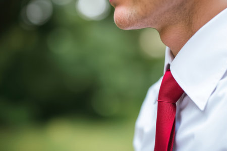 Red tie with white shirt. Casual business attire. Clean and professional style.の素材