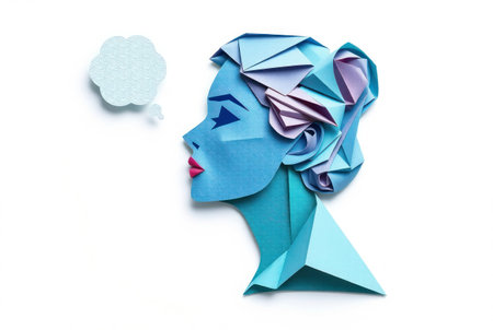 Cute woman with thought bubble. Thinking, pondering, idea concept.の素材